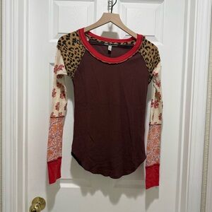 Free People Brown and Red Patchwork Long Sleeve Top